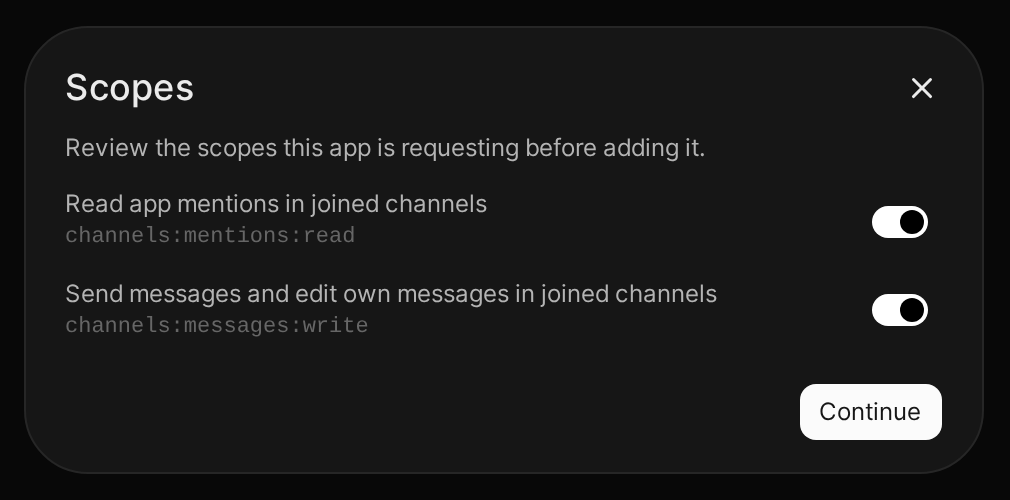 The Scopes step of adding an app, with its two requested scopes, reading app mentions in joined channels and sending messages in joined channels, each with a switch