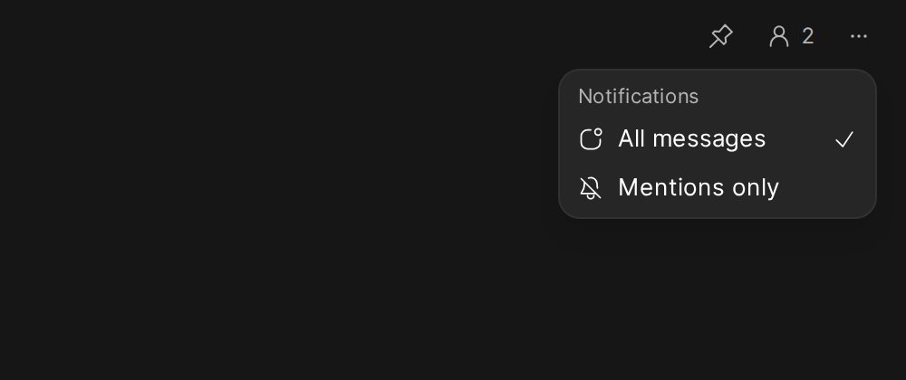 The channel options menu open on Notifications, with All messages checked and the Mentions only option below it