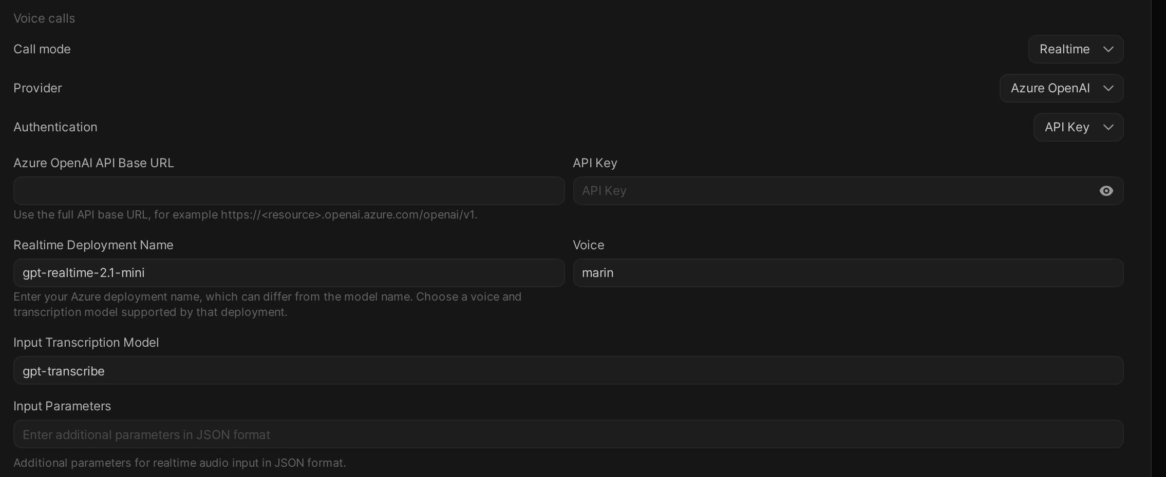The Voice calls settings with Provider set to Azure OpenAI and Authentication set to API Key, the Azure base URL and deployment name fields, and the Input Parameters field