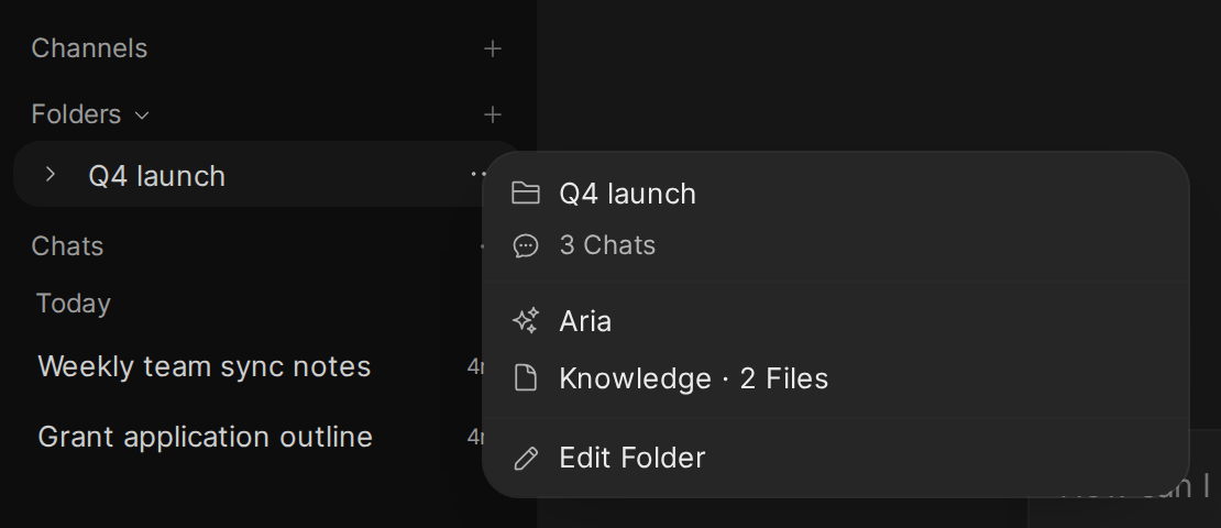 A folder named Q4 launch in the sidebar with its hover card open, showing 3 Chats, the default model Aria, Knowledge with 2 files, and an Edit Folder button