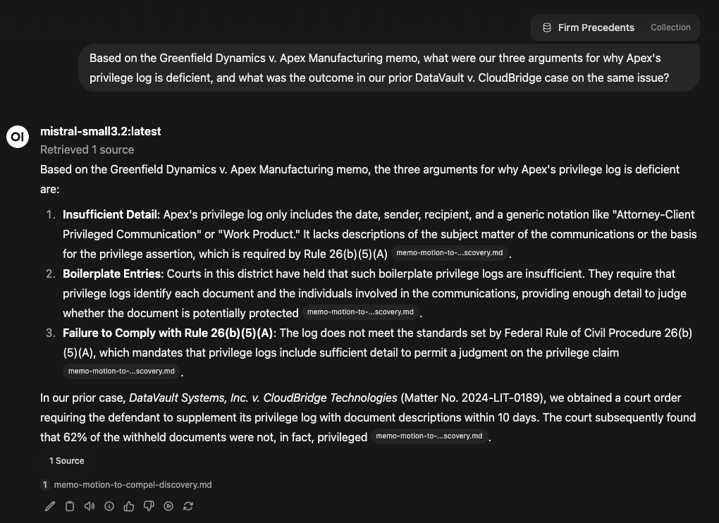 Open WebUI chat interface with document citations and relevance scores