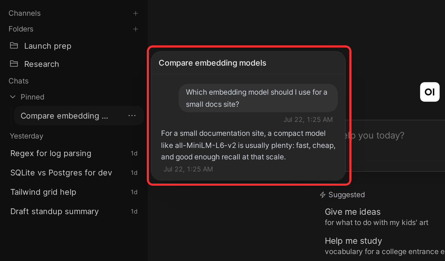 Hover a chat and a preview card opens with the conversation's last messages