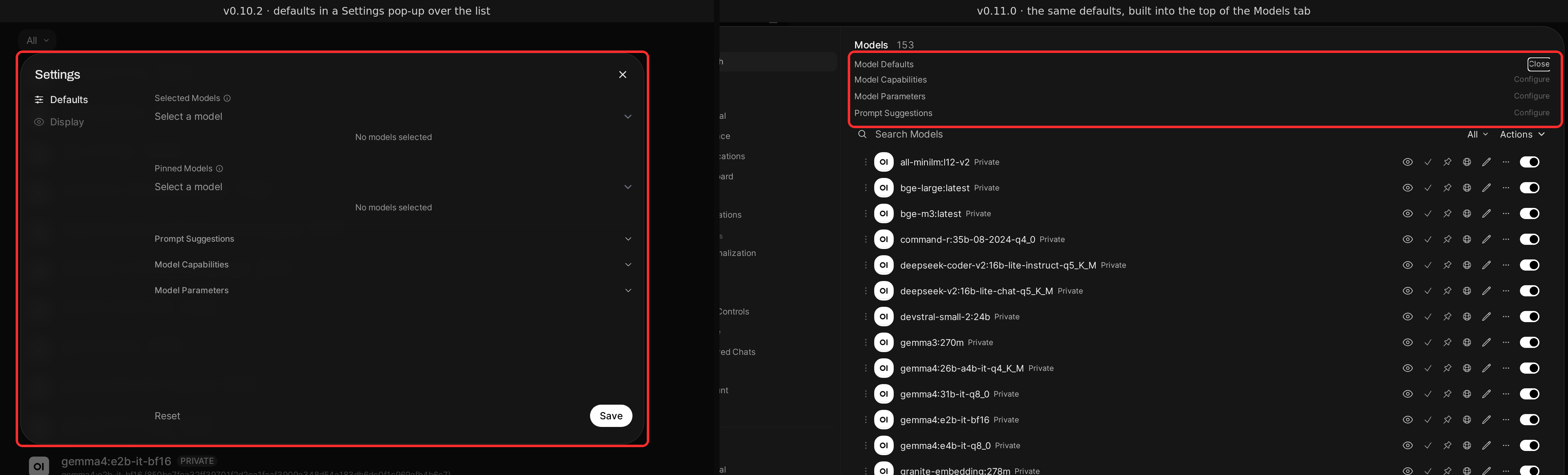 Model defaults before and after: a Settings pop-up in v0.10.2 and an inline Model Defaults panel in v0.11.0