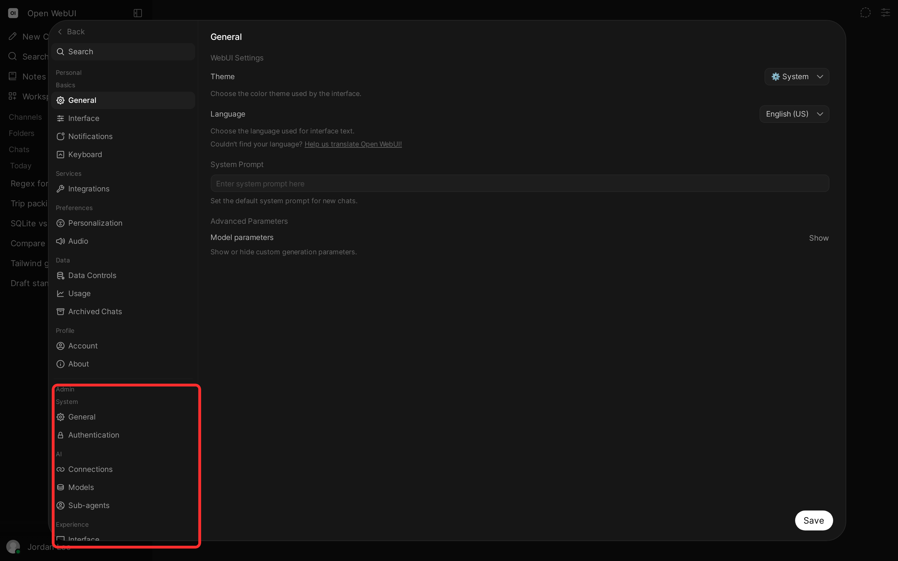 v0.11.0 unified settings with the Admin section highlighted