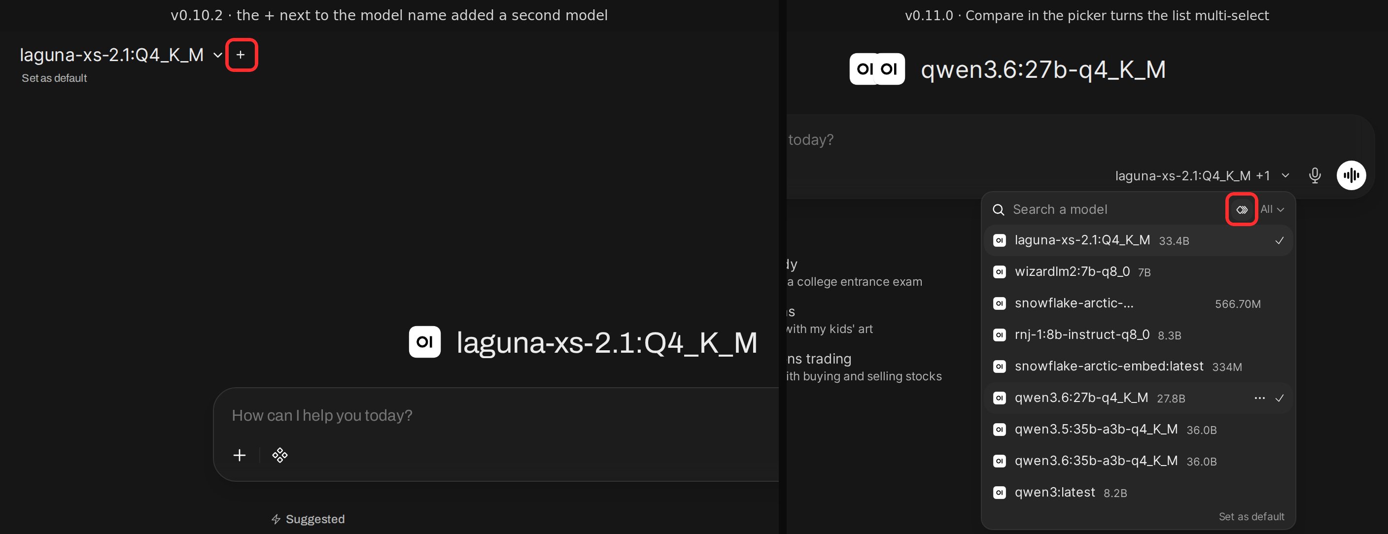 Where the + went: v0.10.2's add-a-model button is now the picker's Compare toggle