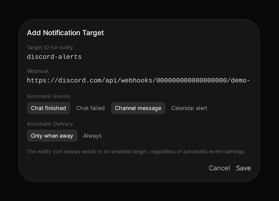 The Add Notification Target modal: an ID the notify tool can call it by, event subscriptions, and delivery mode