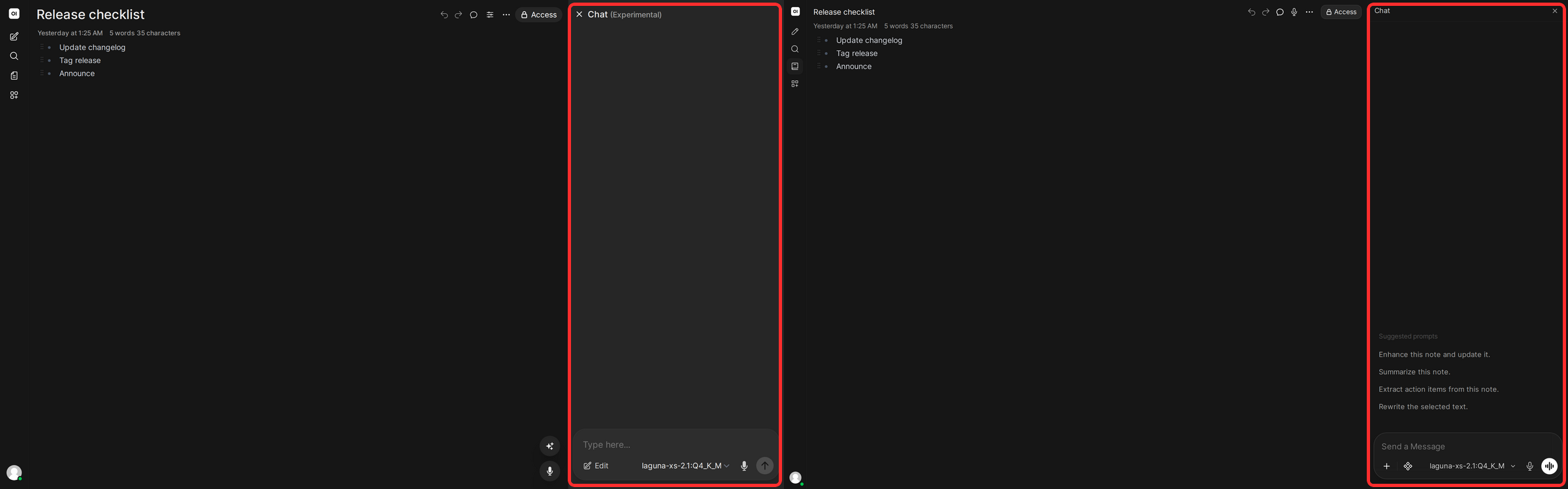 Chatting with a note: the Experimental panel in v0.10.2 and the full chat experience in v0.11.0