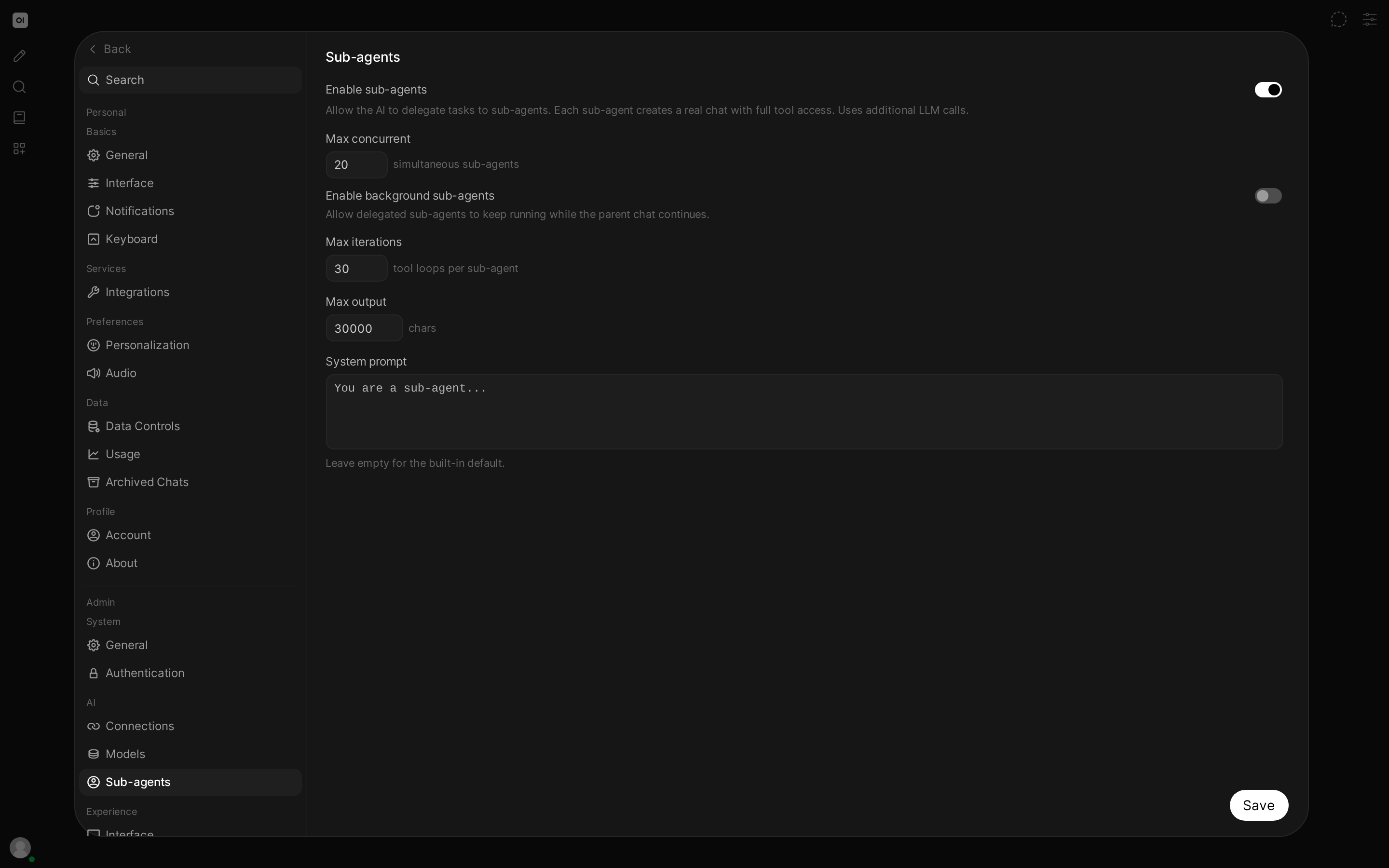 The Sub-agents settings page with the feature enabled: concurrency, background execution, iteration and output caps, and a shared system prompt