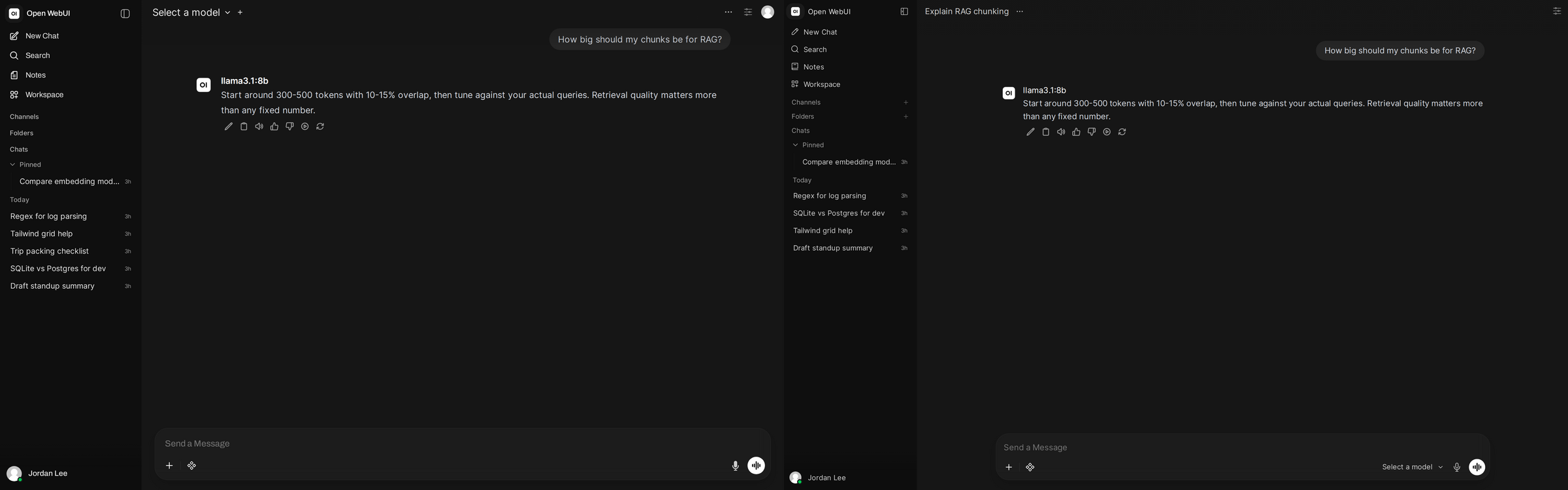 The same conversation in v0.10.2 (left) and v0.11.0 (right): narrower column, lighter typography, tidier spacing