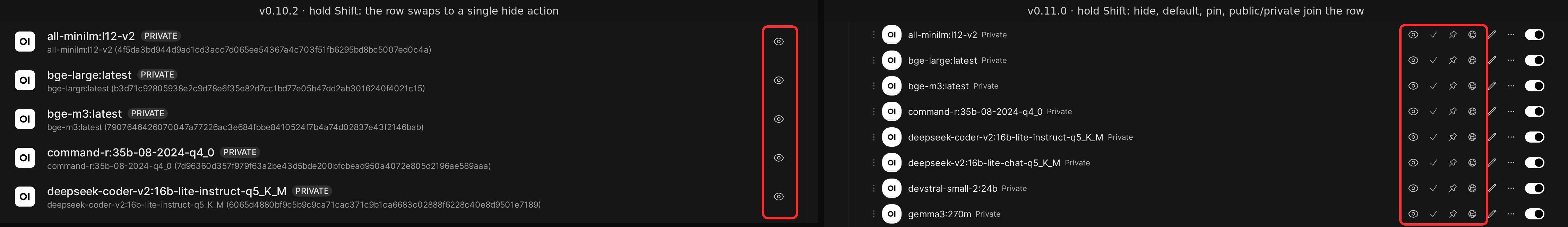 Hold Shift over the model list: a single hide action in v0.10.2 and four quick actions in v0.11.0