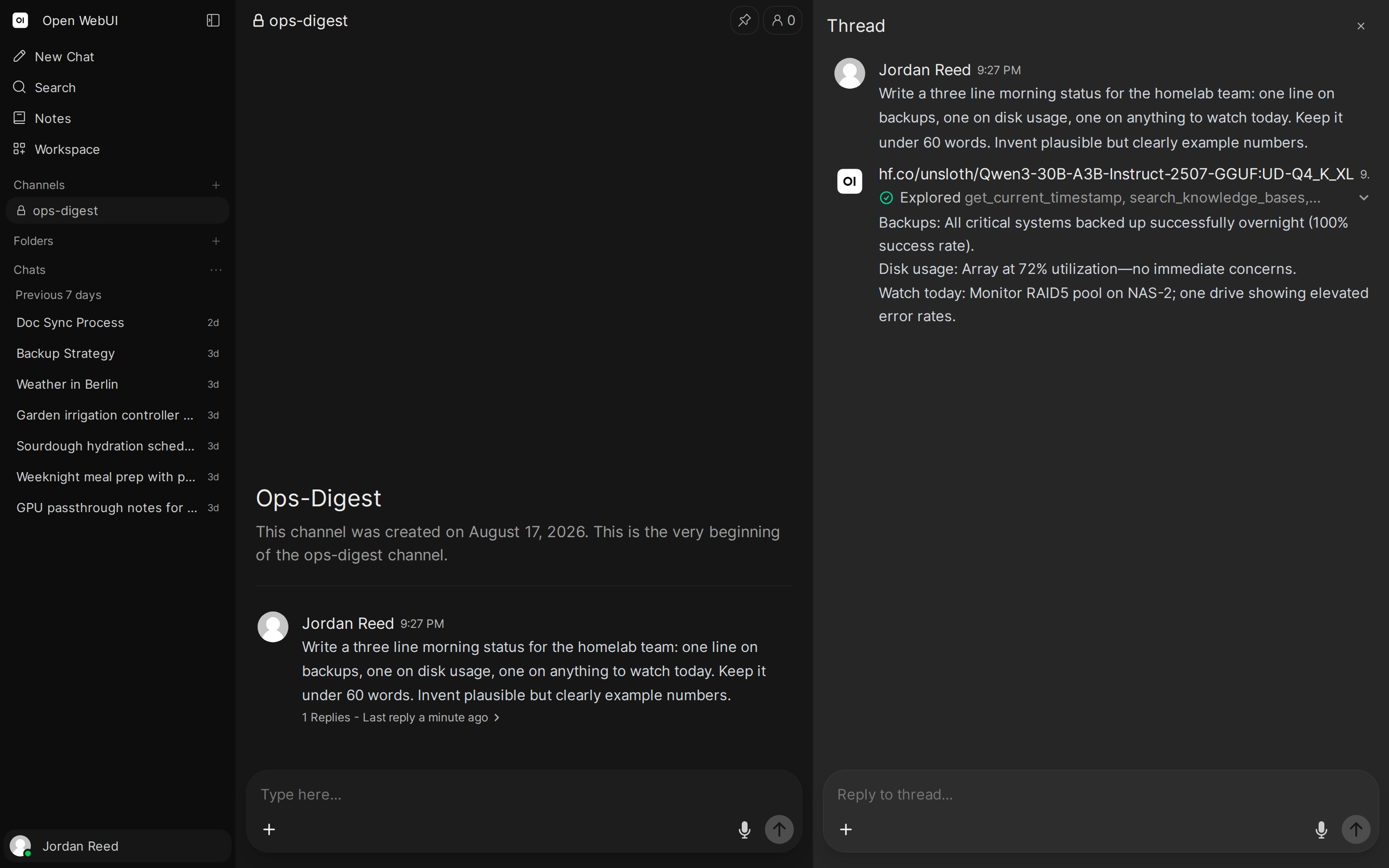A channel called ops-digest showing an automation's posted prompt and, in the thread panel, the model's three-line morning status
