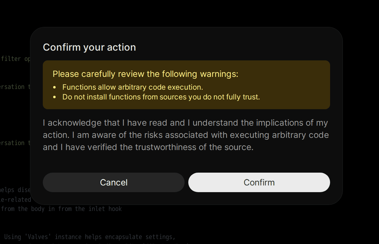Open WebUI's Confirm your action dialog warning that Functions allow arbitrary code execution
