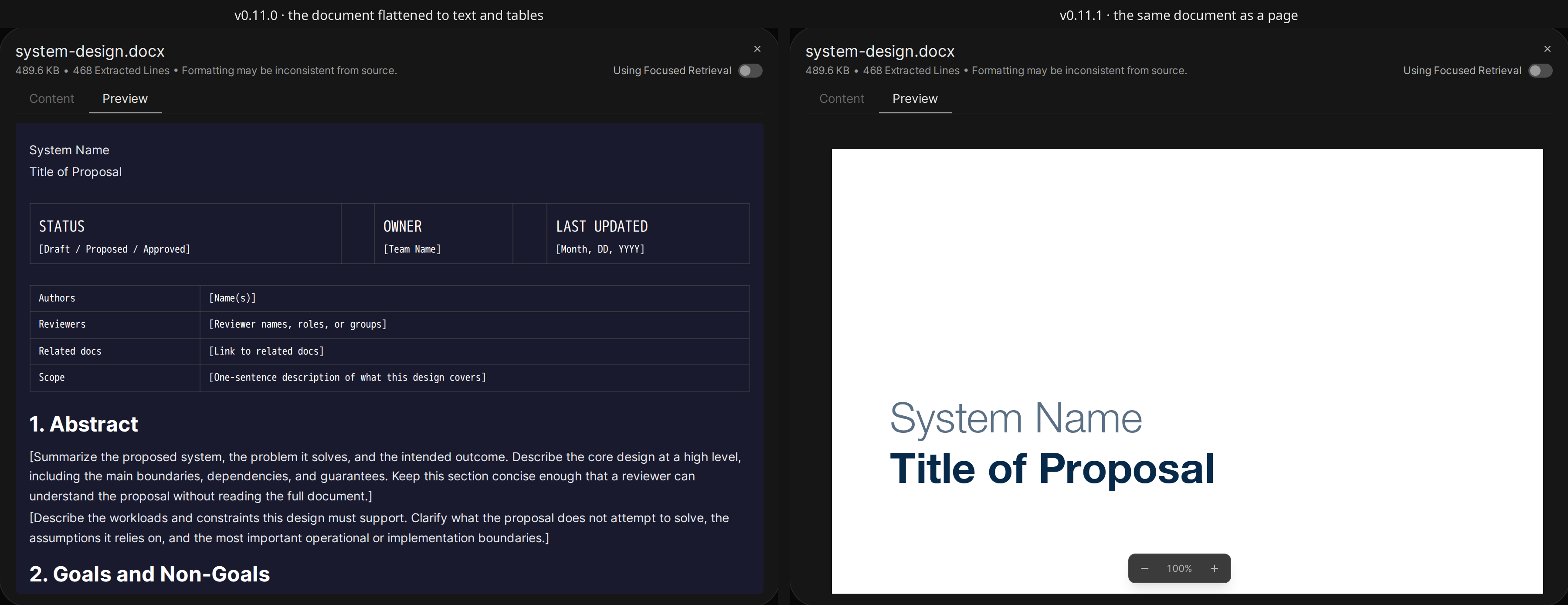 The same Word document in the attachment preview of v0.11.0 (left), flattened into text and monospace tables, and v0.11.1 (right), rendered as its cover page with the document's own typography