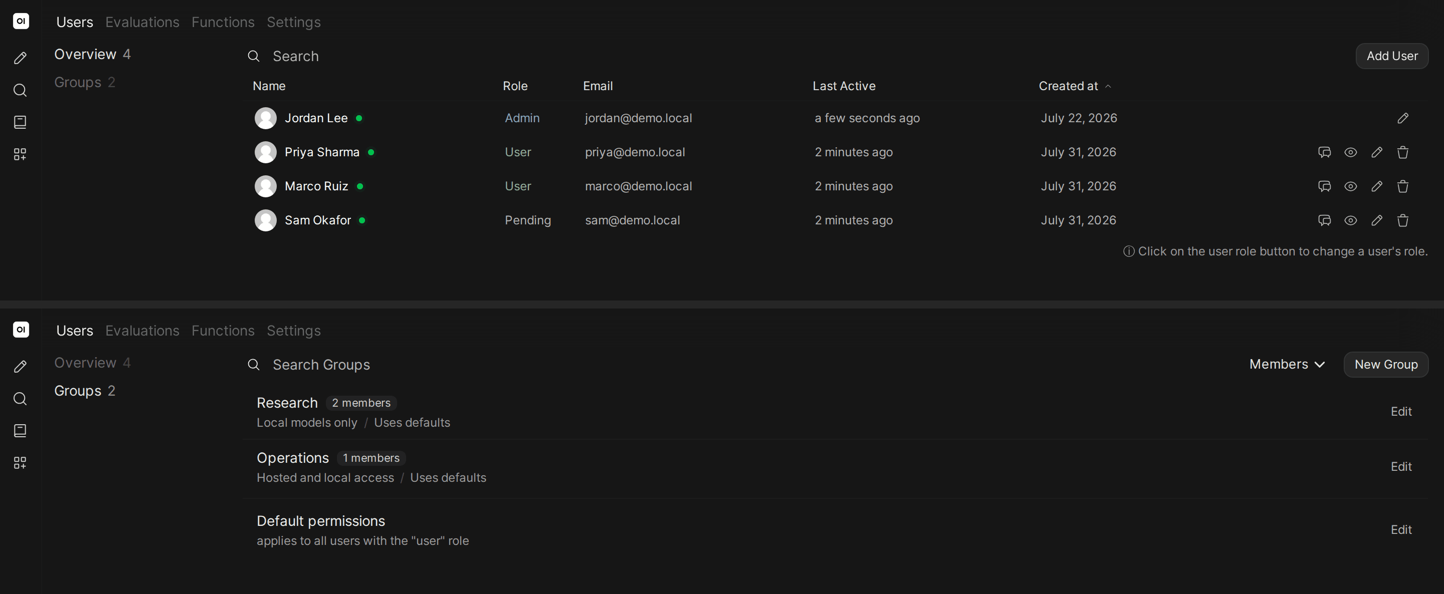 Open WebUI admin pages showing four user accounts with Admin, User, and Pending roles, and below them the Research and Operations groups with member counts and a default permissions entry