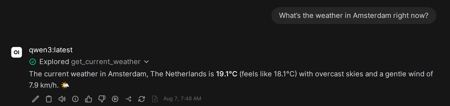 An Open WebUI chat where the model has called a weather Tool, showing the Explored get_current_weather indicator and a reply with live weather data