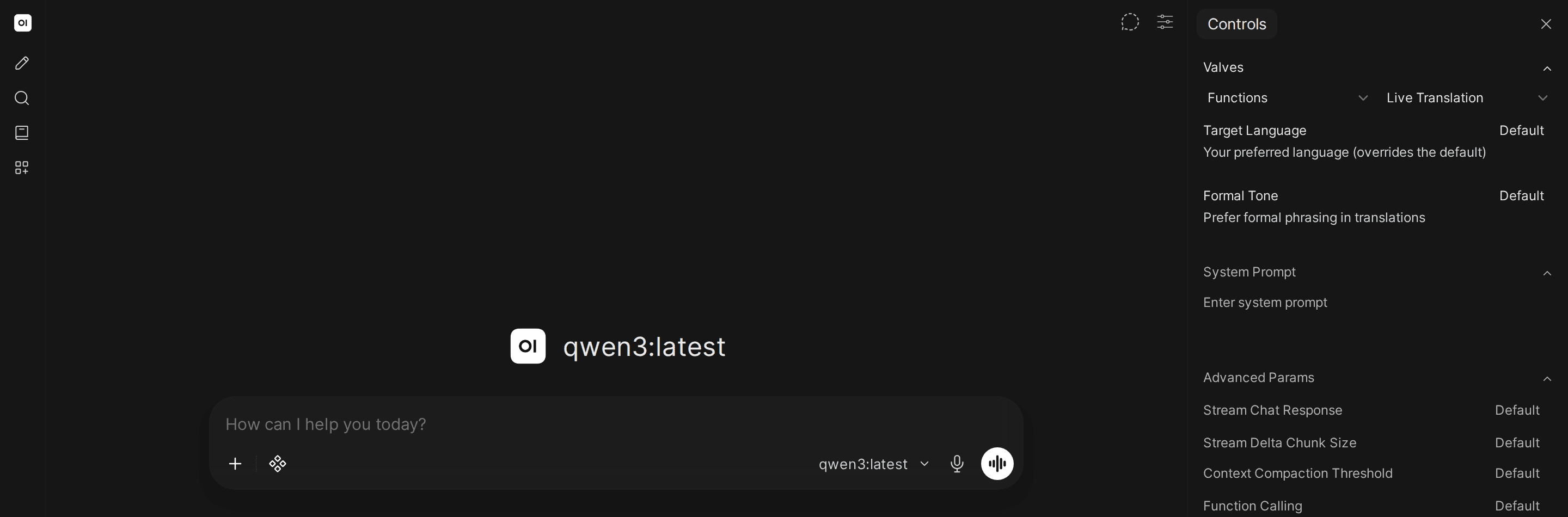 The chat's Controls sidebar with the Valves section expanded, showing a plugin's per-user settings