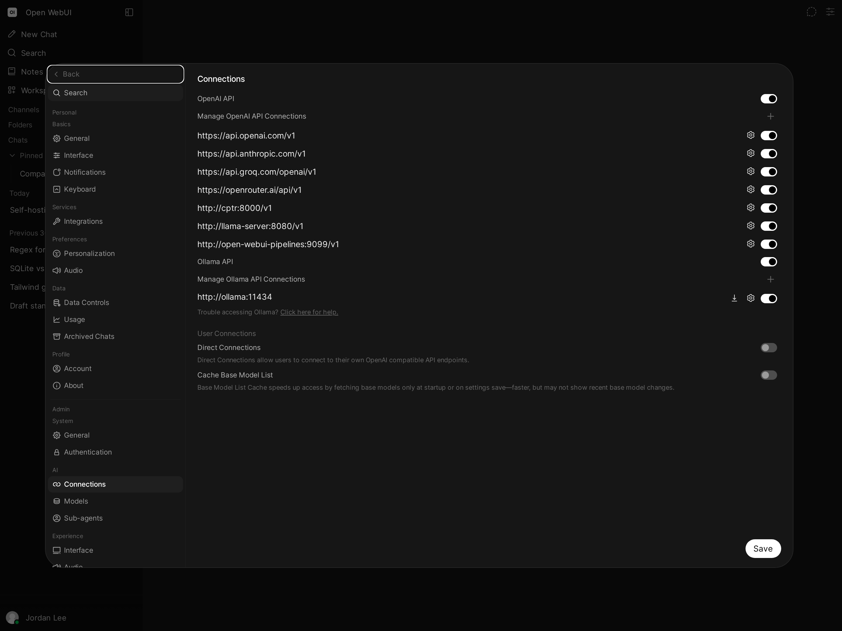 Open WebUI Connections settings showing hosted endpoints (OpenAI, Anthropic, Groq, OpenRouter) and self-hosted ones (Computer, llama.cpp, Pipelines, Ollama) behind one interface