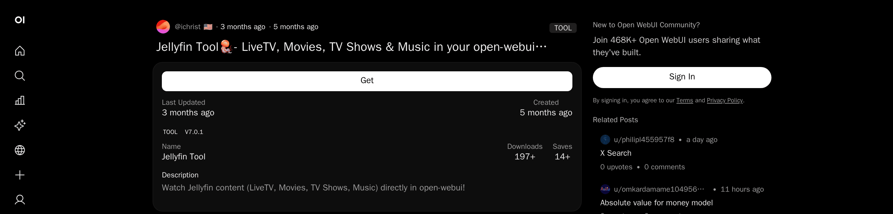 A community plugin listing on openwebui.com showing a plugin's description and its Get button
