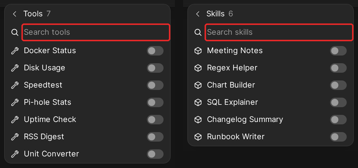 The chat input's Integrations menu, its Tools pane and Skills pane side by side, each with a search box above its list, outlined in red