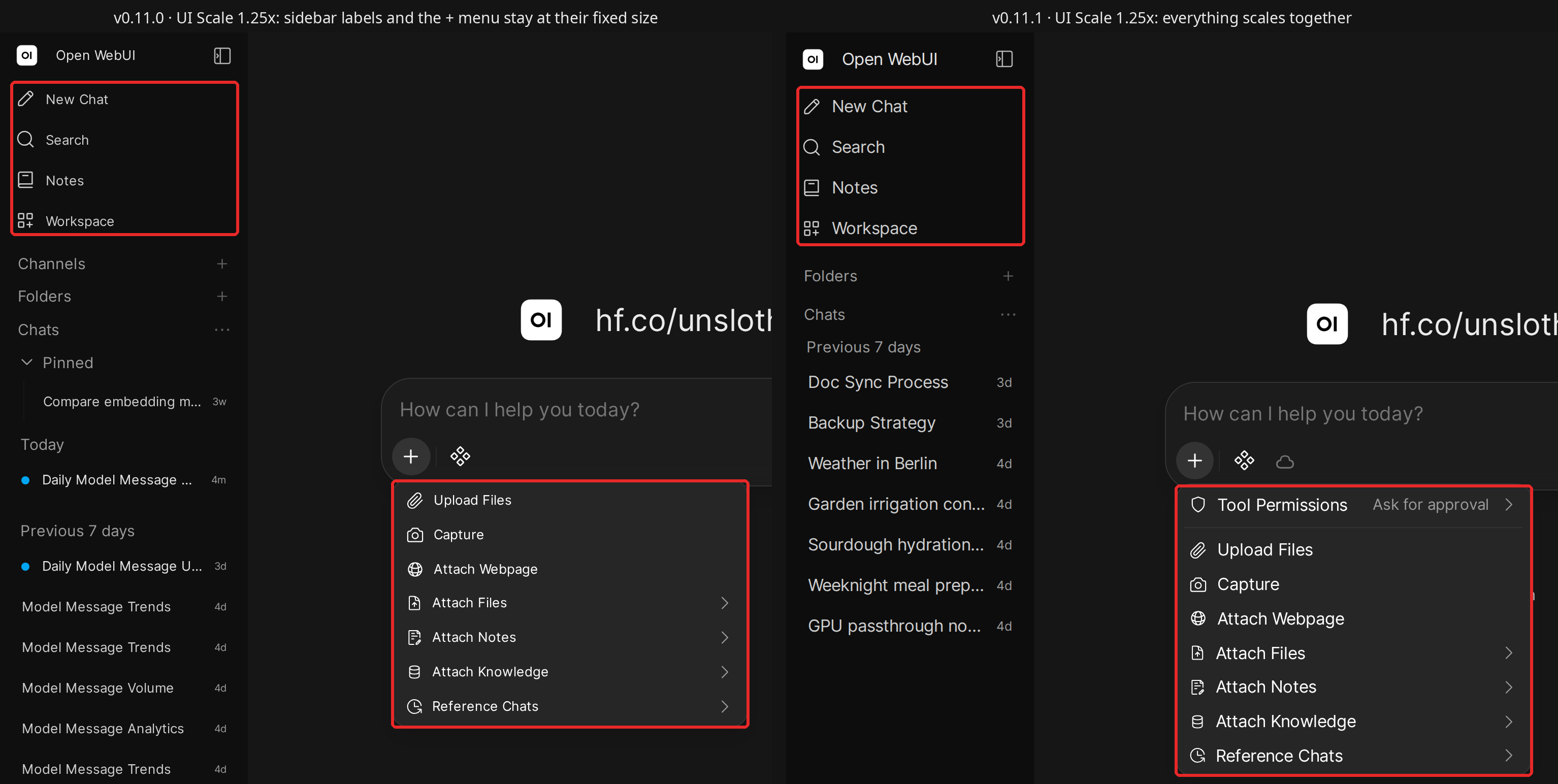 The home screen at UI Scale 1.25x in v0.11.0 (left) and v0.11.1 (right), with the sidebar's top labels and the open + menu outlined in red on both sides