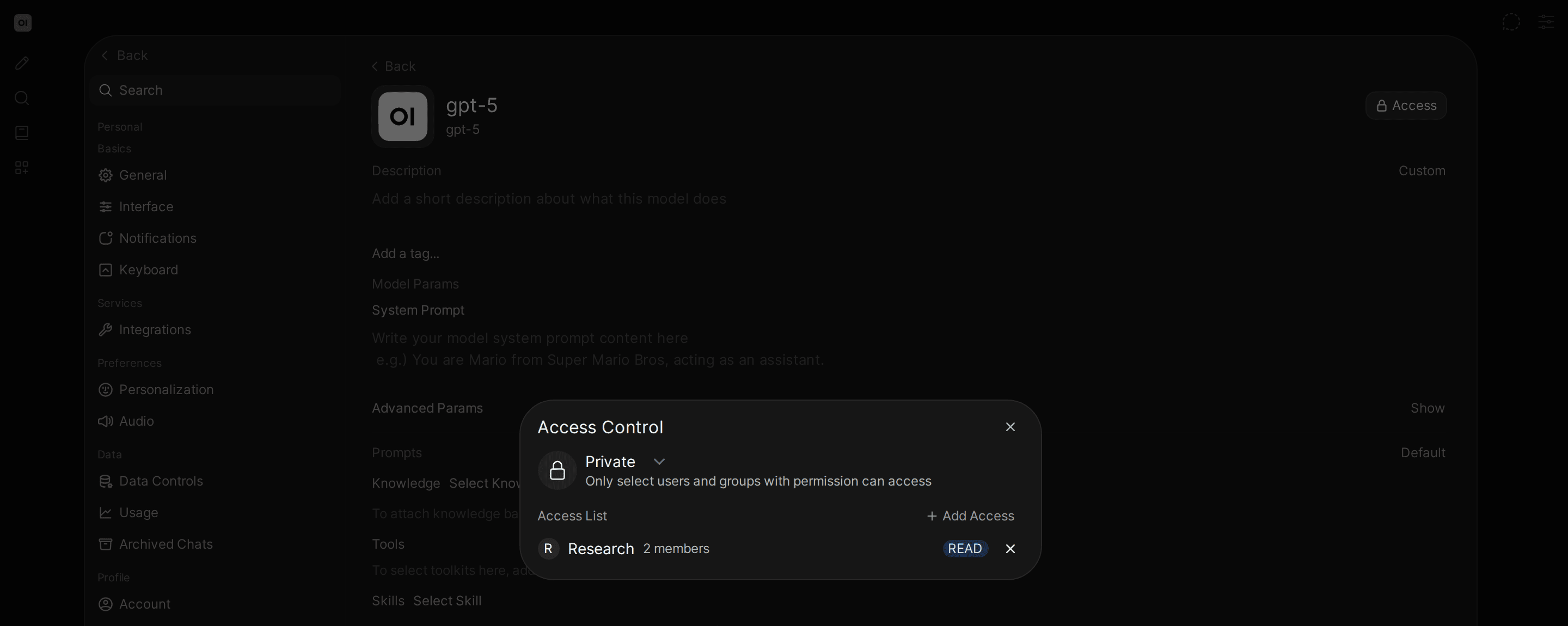 Open WebUI Access Control dialog for a hosted gpt-5 model, set to Private with the Research group granted read access
