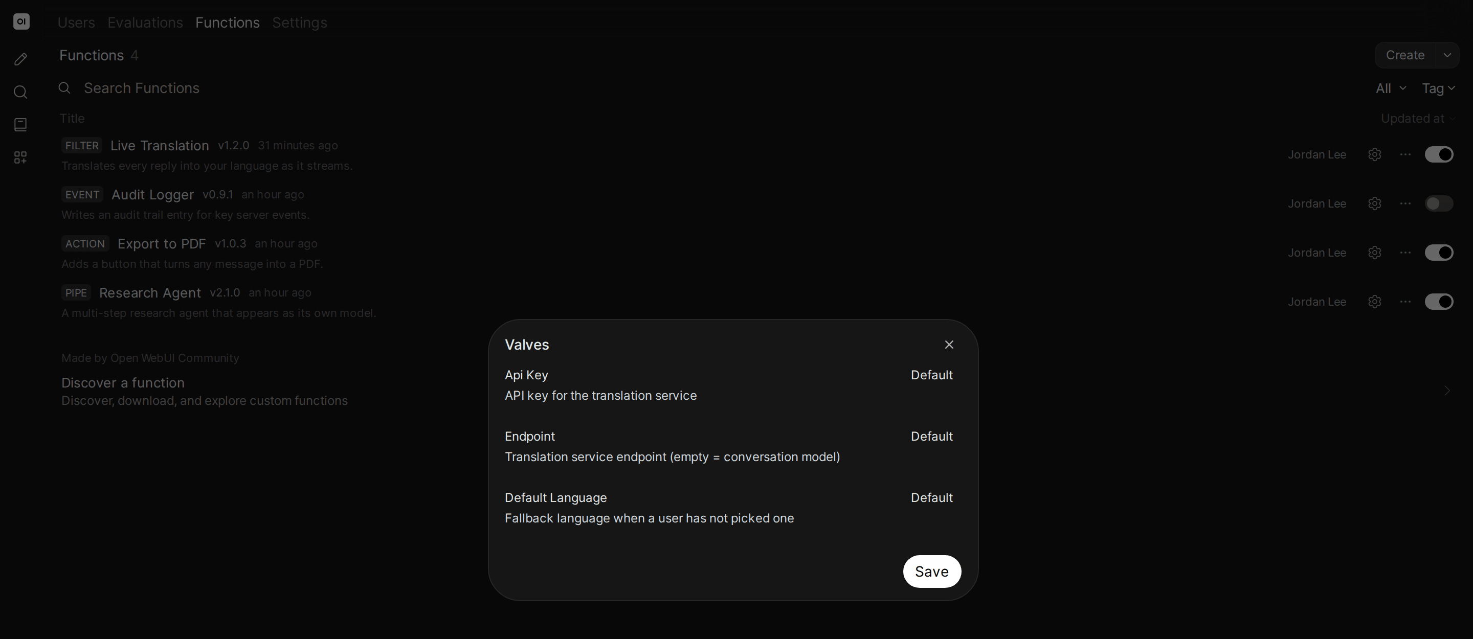 A valves settings dialog for an installed plugin