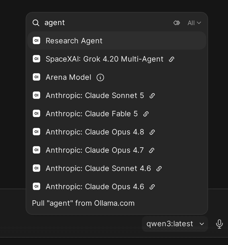 The Open WebUI model selector searched for