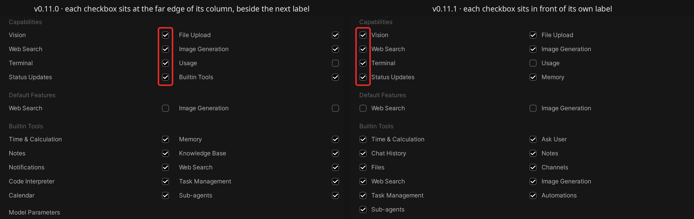 The Model Capabilities defaults in v0.11.0 (left) and v0.11.1 (right), with the first column of checkboxes outlined in red on both sides