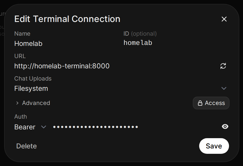 The Edit Terminal Connection dialog for the Homelab connection, with Chat Uploads set to Filesystem