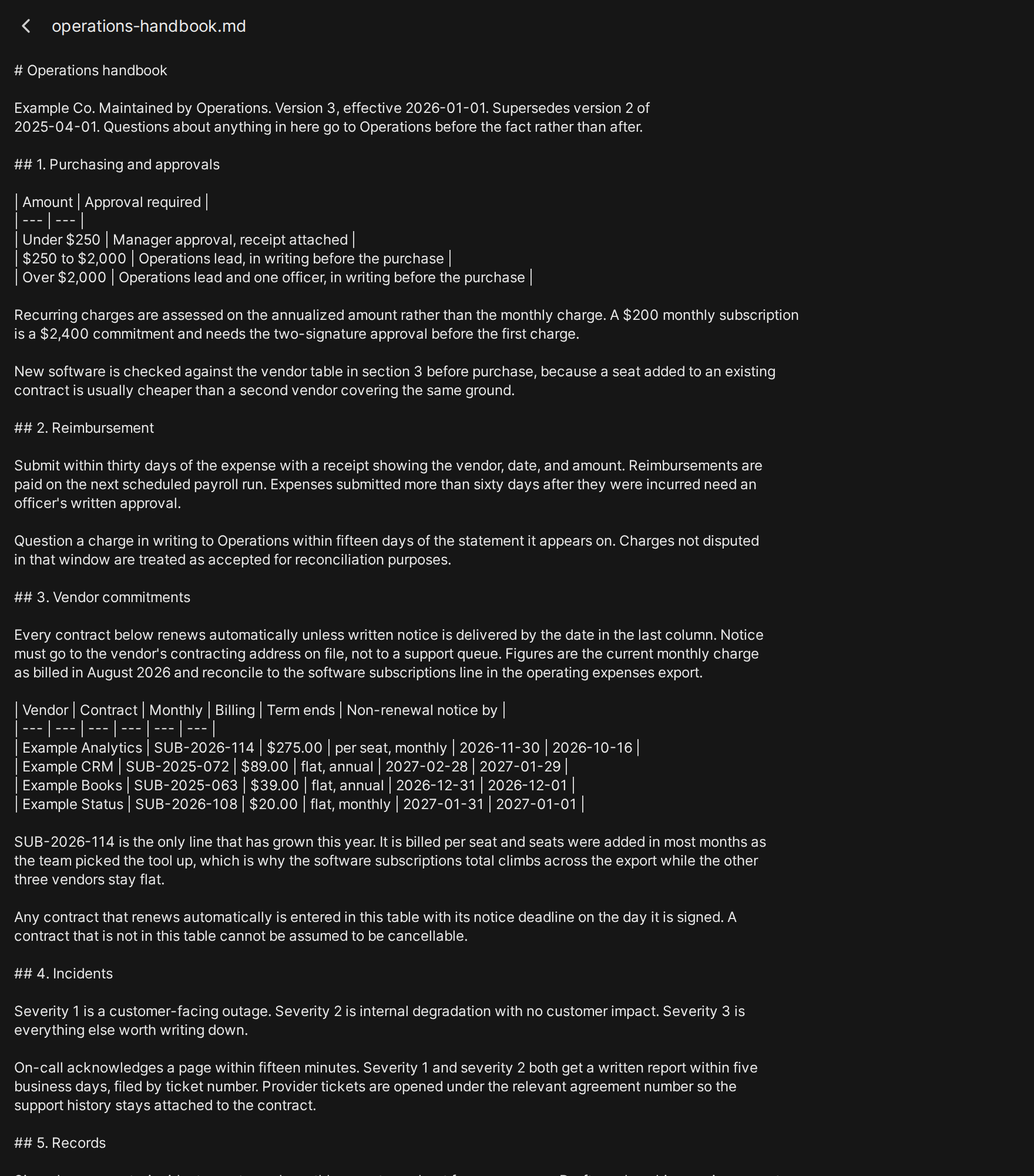 The operations handbook opened inside its knowledge base, showing the stored extracted text including the vendor commitments table and the non-renewal notice column
