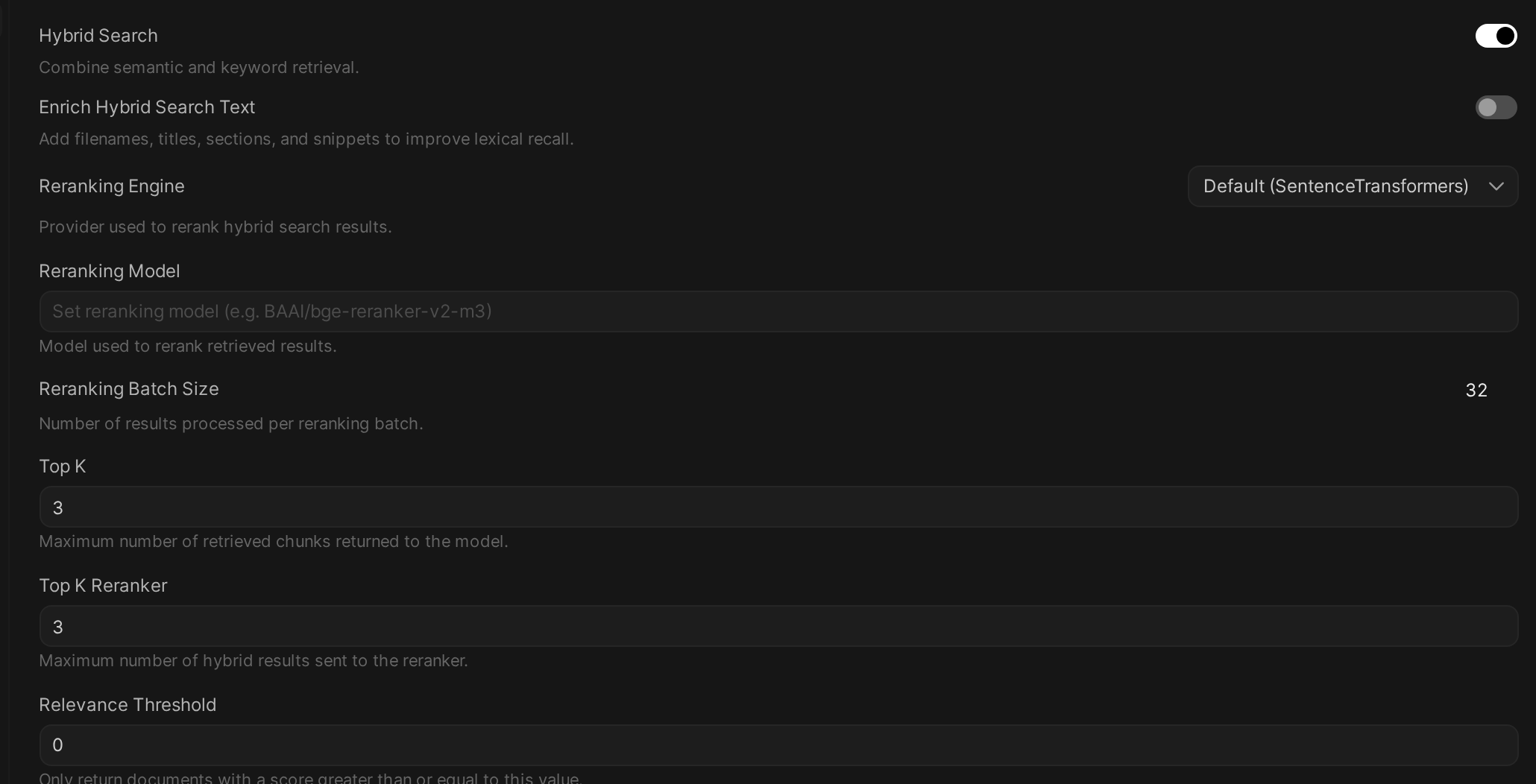 The Retrieval settings with Hybrid Search turned on, revealing the Enrich Hybrid Search Text, Reranking Engine, Reranking Model, Top K Reranker, and Relevance Threshold fields