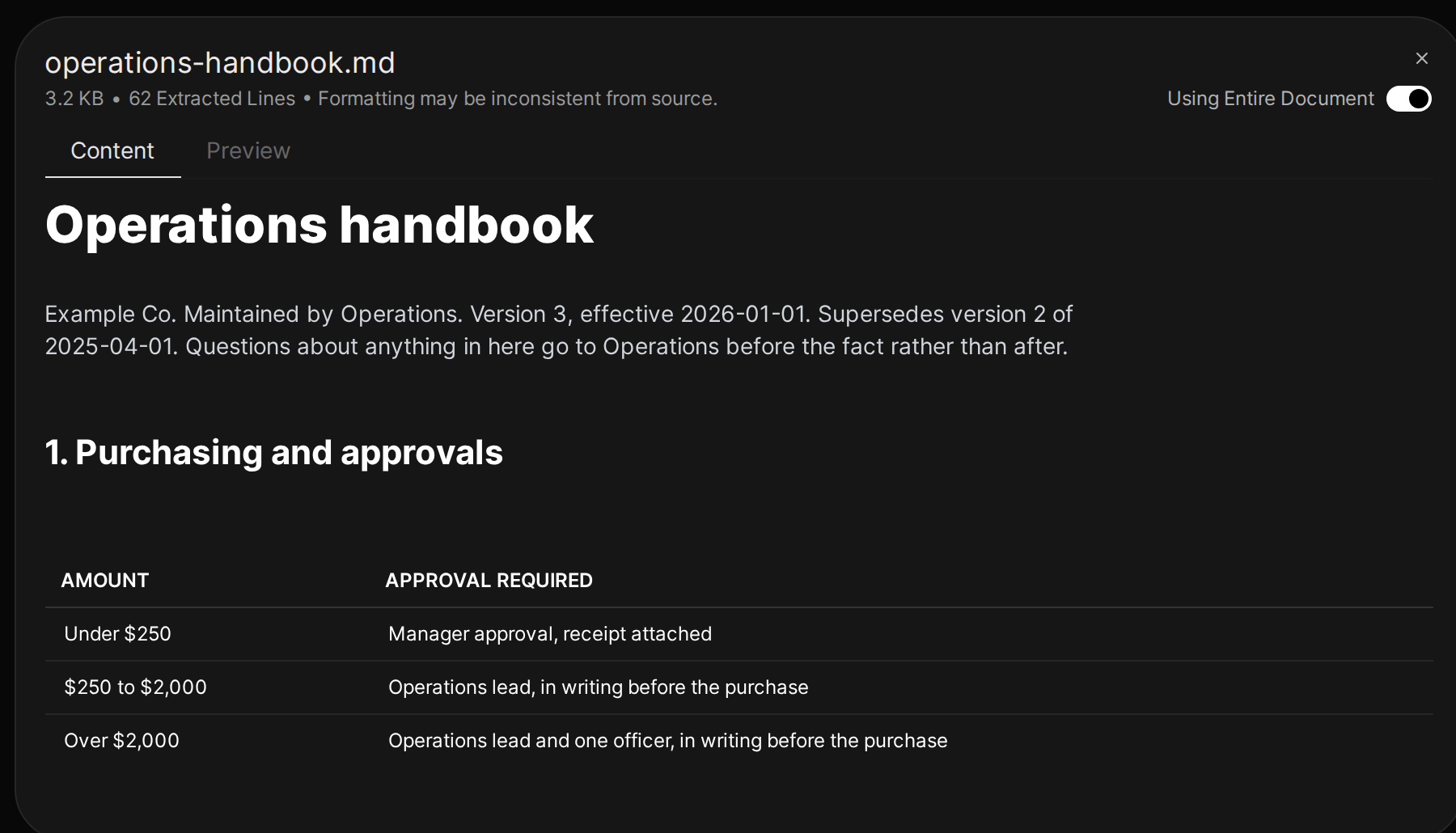The file modal for the operations handbook attached in chat, with the toggle flipped to Using Entire Document