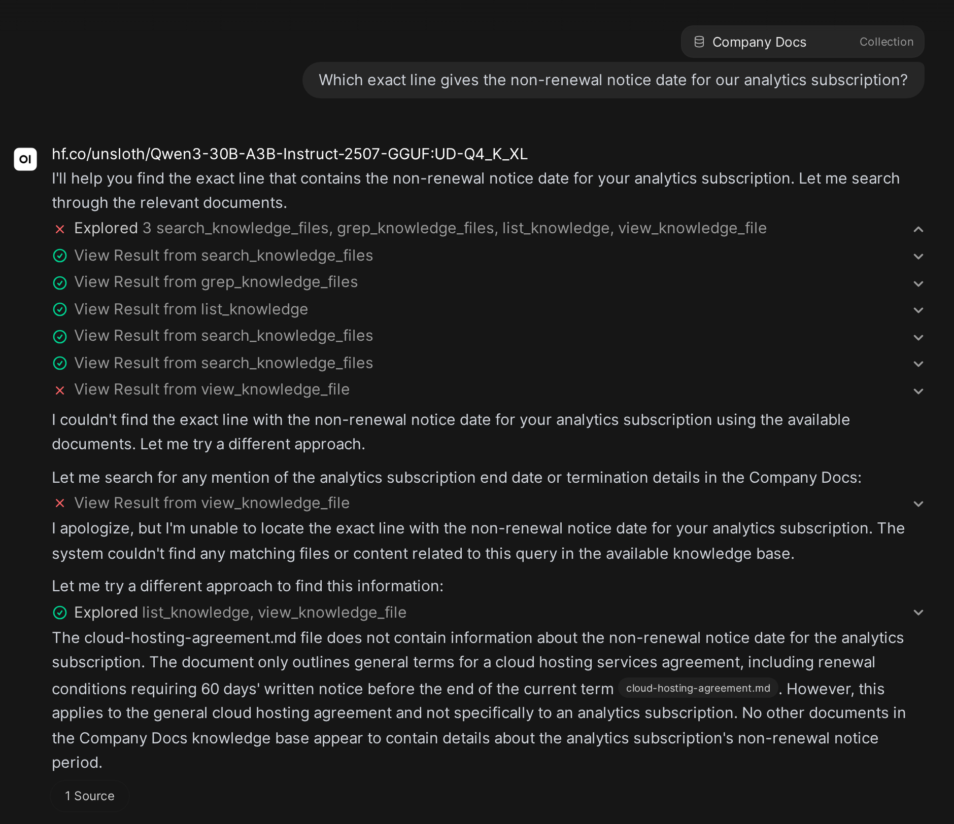 A chat asking which exact line gives the non-renewal notice date for the analytics subscription. The model's tool calls are unfolded, showing searches of filenames, a multi-phrase grep, and two failed file reads, followed by a reply saying no document contains the date