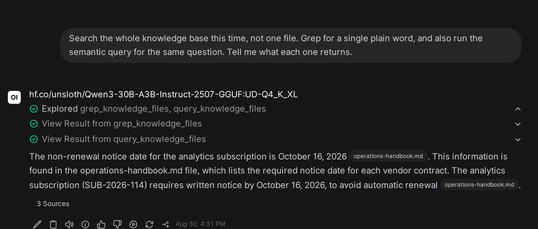 The follow-up turn in the same conversation. The model runs a grep and a semantic query, then answers that the non-renewal notice date is October 16, 2026, citing operations-handbook.md