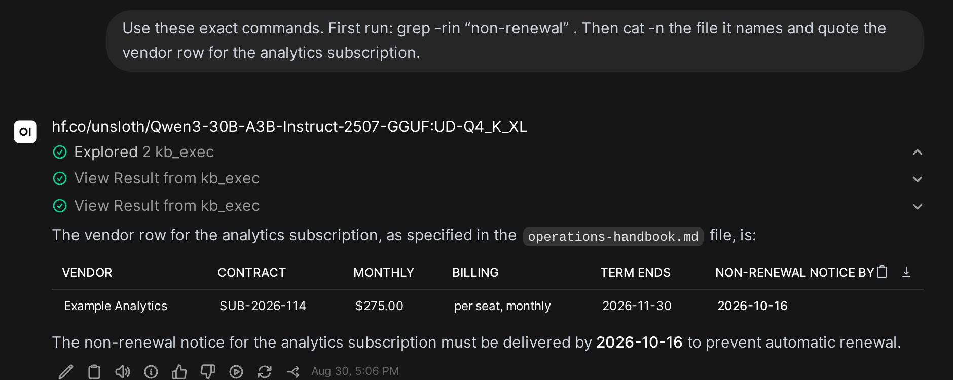 A kb_exec turn where the model runs a recursive case-insensitive grep and a numbered read, then returns the vendor row for the analytics subscription with the non-renewal notice date of 2026-10-16