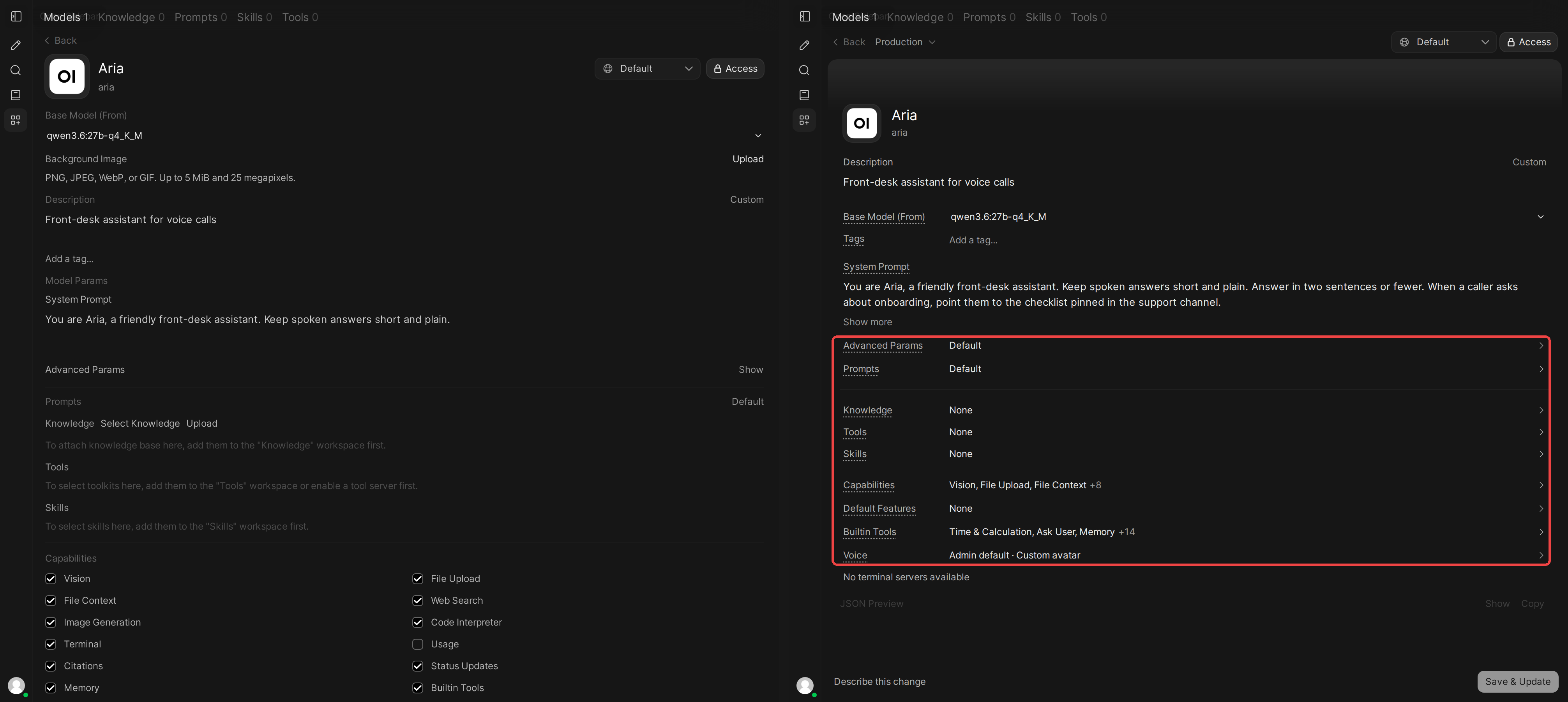 Aria's model editor in v0.11.4 (left) as a long form with a grid of capability checkboxes, and in v0.12.0 (right) with each setting on one row beside a summary of its value, outlined in red