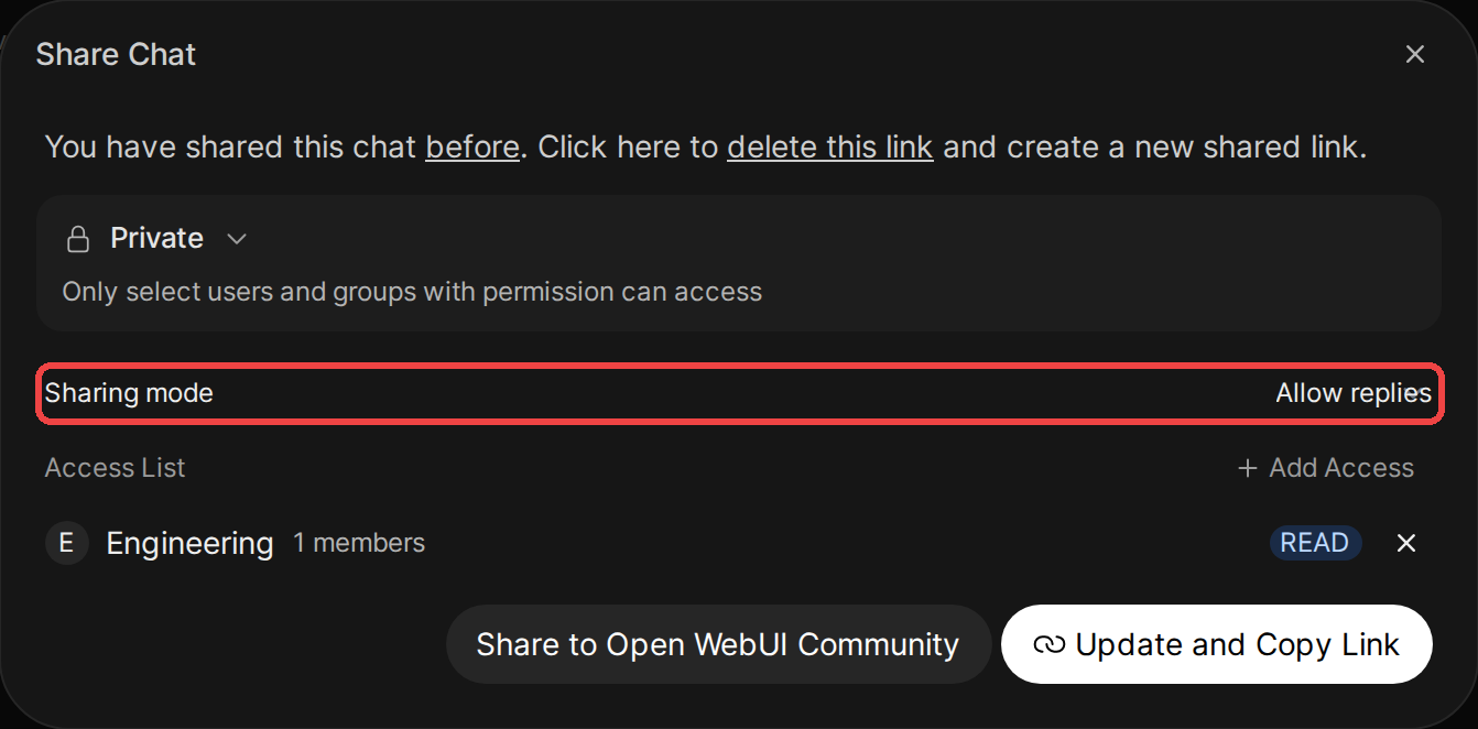The Share Chat dialog for a chat shared privately with the Engineering group, with the Sharing mode row set to Allow replies outlined in red