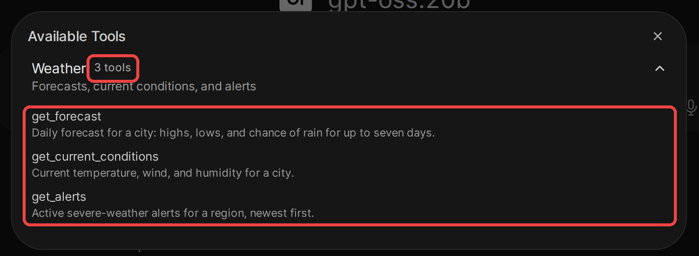 The chat's Available Tools dialog with an MCP server called Weather expanded. Its tool count, 3 tools, is outlined in red, and so is the list below it of get_forecast, get_current_conditions, and get_alerts, each with its description
