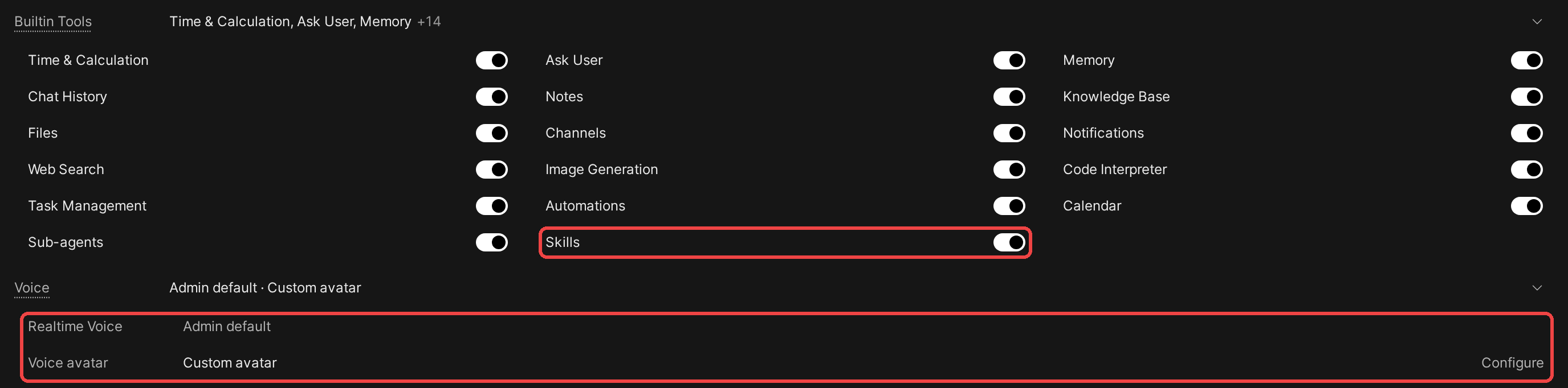 The model editor with Builtin Tools opened and the new Skills switch outlined in red, and below it the Voice section opened, with its new Realtime Voice and Voice avatar rows outlined in red