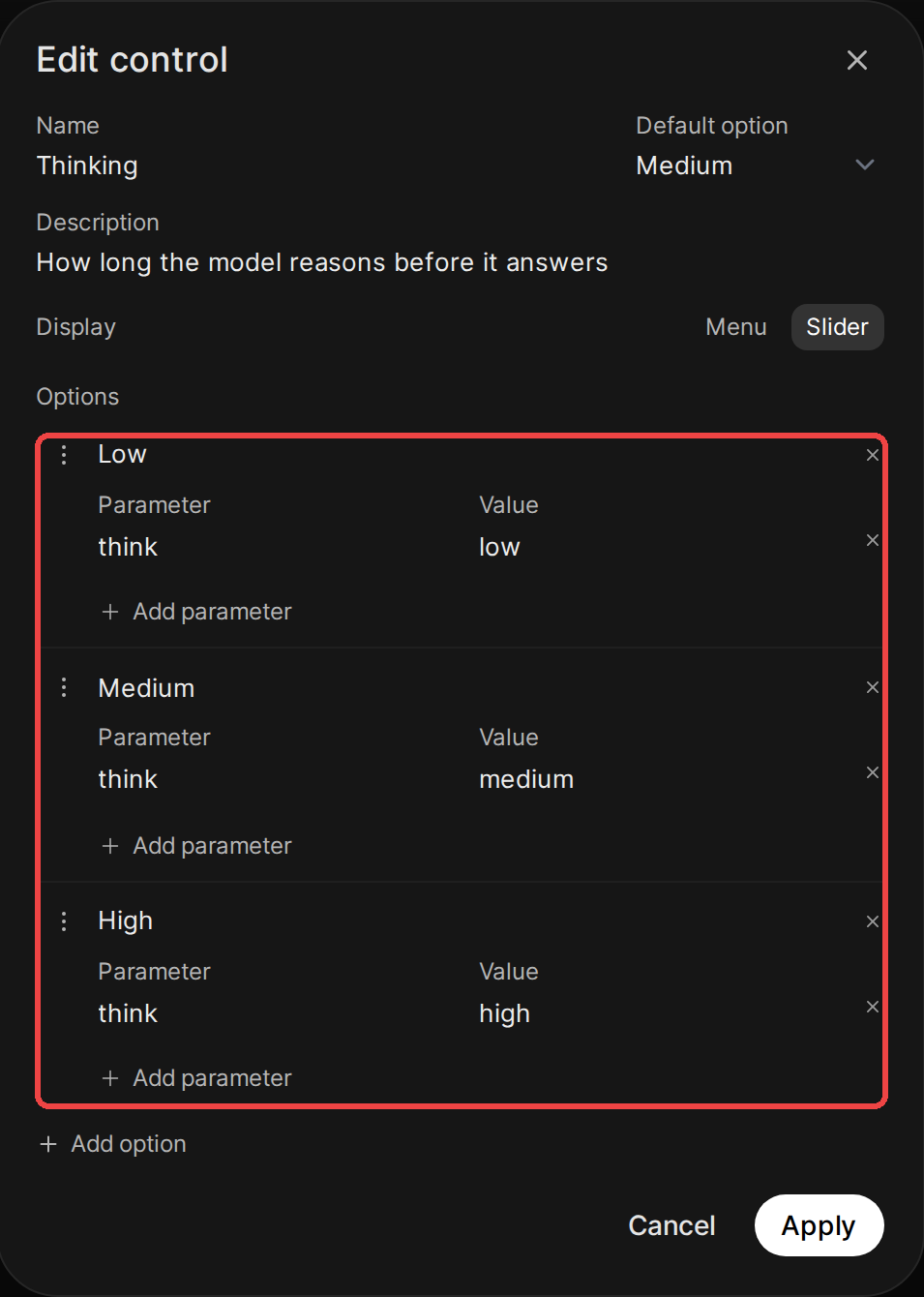 The Edit control dialog for a control named Thinking, with Medium as the default option, Slider selected as the display, and three options, Low, Medium and High, each setting the think parameter, outlined in red