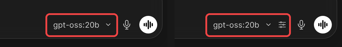 The chat input's model selector in v0.11.4 (left) and v0.12.0 (right), where the new Model controls button sits beside the model name, both outlined in red