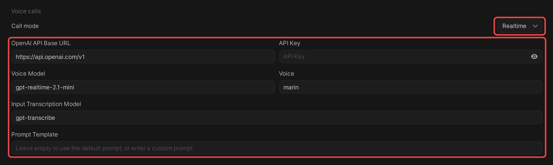 The new Voice calls section of Admin Settings > Audio, with Call mode set to Realtime and the voice model's connection, voice, and prompt fields below it, outlined in red