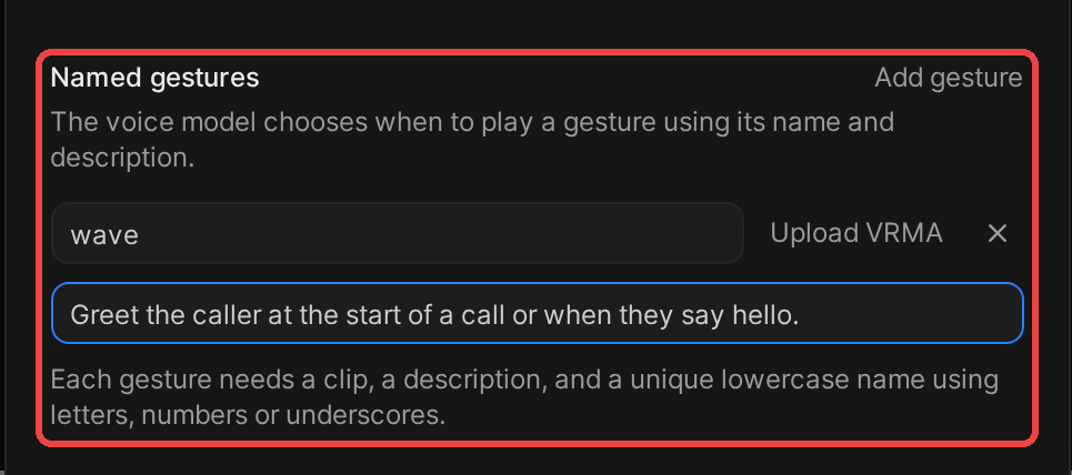 The Named gestures section of Avatar setup, outlined in red, with one gesture named wave and the description "Greet the caller at the start of a call or when they say hello."