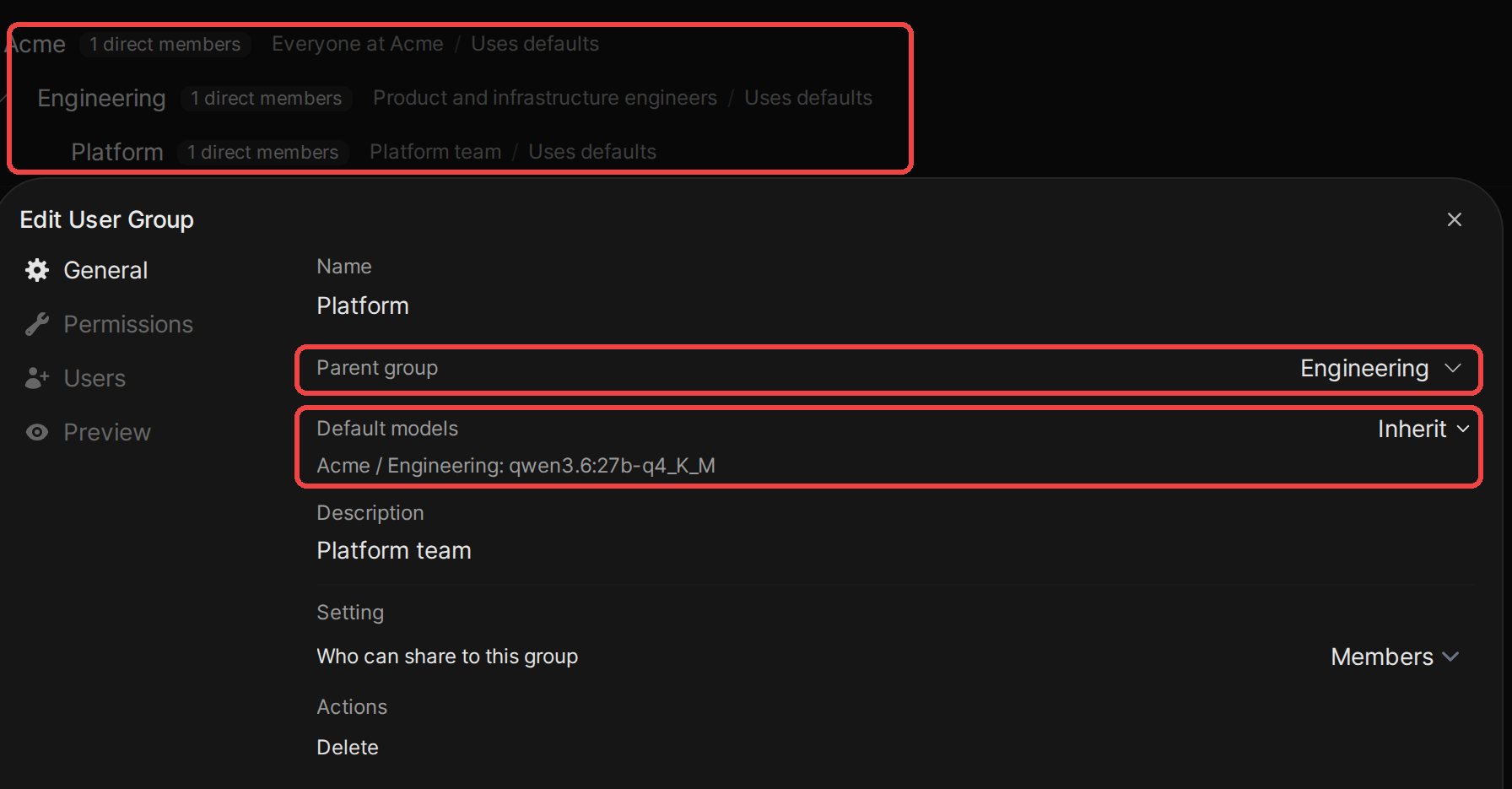 The Edit User Group dialog for Platform, with Parent group set to Engineering and Default models set to Inherit from Acme / Engineering: qwen3.6:27b-q4_K_M, outlined in red, with the group tree outlined above it