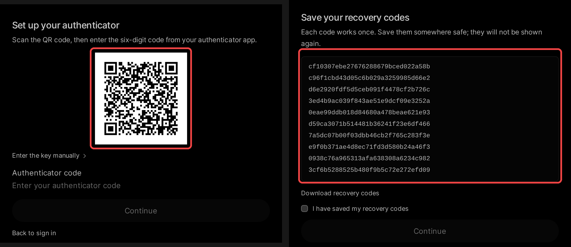 The Set up your authenticator screen with its QR code outlined in red, beside the Save your recovery codes screen with its ten codes outlined in red