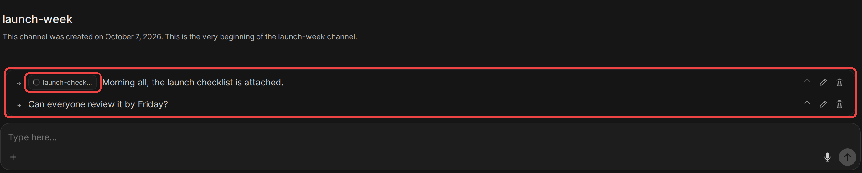 A channel called launch-week with two messages queued above the message box, outlined in red. The first waits on an attached file that is still uploading, and each queued message has buttons to send it now, edit it, or delete it