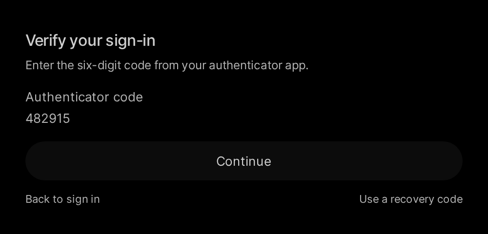 The Verify your sign-in screen asking for the six-digit code from the authenticator app, with Continue, Back to sign in, and Use a recovery code