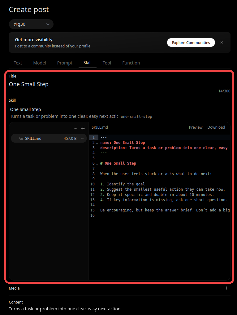 The Create post page on openwebui.com, filled in with the One Small Step skill and its SKILL.md file from Share in Open WebUI, outlined in red