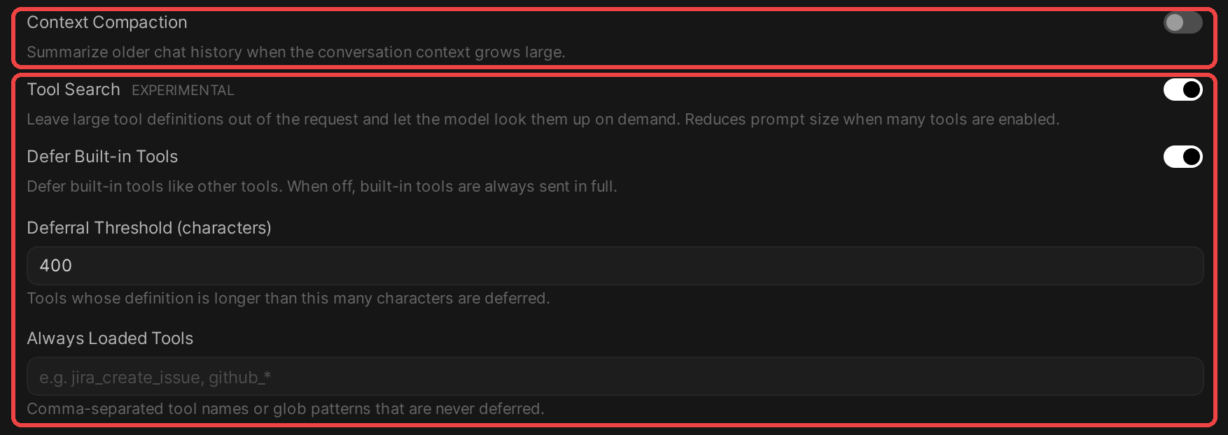 The Interface page of Admin Settings with the Context Compaction switch outlined in red, and below it Tool Search, marked experimental, switched on with Defer Built-in Tools on, a Deferral Threshold of 400 characters, and an empty Always Loaded Tools field, outlined in red