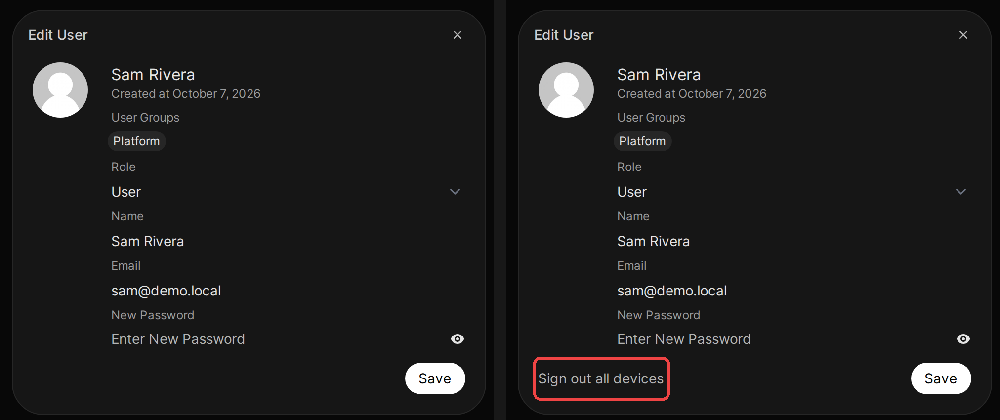 The Edit User dialog for Sam Rivera in v0.11.4 (left) and v0.12.0 (right), where a new Sign out all devices button is outlined in red